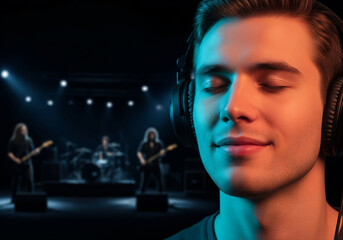 young man's face wearing music headphones and imagining a band playing music
