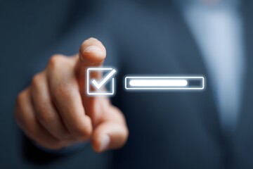 Business hand touching glowing checkboxes in digital interface, concept of task completion, organization, productivity, project management, and success