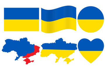ukraine flag and map vector set. with ukraine land occupied by russia.