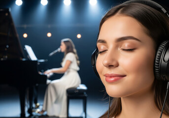 young woman's face using music headphones and imagining a singer playing the piano on stage