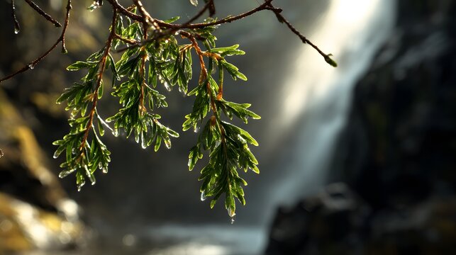 Delicate green foliage glistens with droplets of water, captured with a shallow depth of field, against a blurred backdrop of cascading water and natural light, evoking a serene and refreshing...
