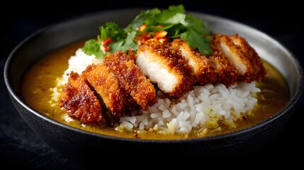 Fototapeta premium Deliciously prepared dish featuring crispy, golden-brown fried cutlets arranged atop fluffy white rice and immersed in a rich, flavorful curry sauce, garnished with fresh green herbs and small red...