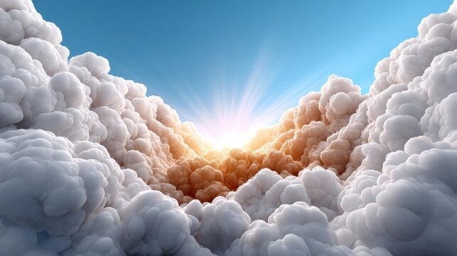A breathtaking view of fluffy clouds parting to reveal a radiant sun, creating a serene and uplifting atmosphere in the sky.