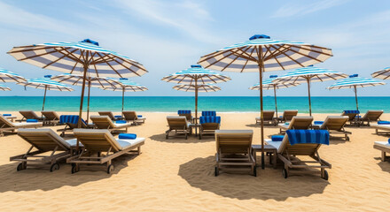 Tropical Beach Chairs Under Blue Striped Umbrellas With Ocean View