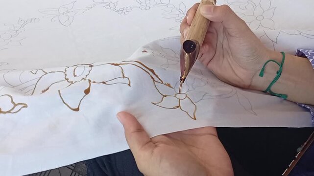 hand holding a canting to batik cloth