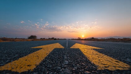 Asphalt road with painted arrows pointing towards an orange sunrise over distant barren terrain