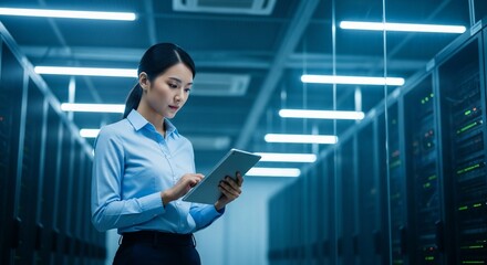 Asian woman confidently manages data center operations using tablet for seamless monitoring and efficient server management in a modern, secure environment