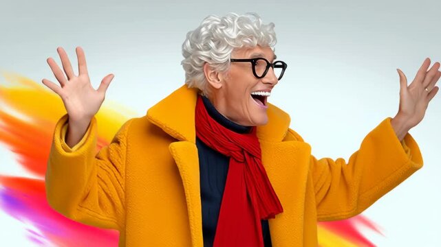 Enthusiastic individual in vibrant yellow coat and red scarf joyfully expressing excitement with hands raised, showcasing a dynamic and colorful background, capturing a moment of pure happiness and ce