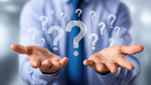 A man in a blue shirt and tie holds up two hands with question marks floating above