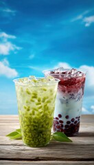 Refreshing iced tea served in two cups, one green and one brown, perfect for a sunny day