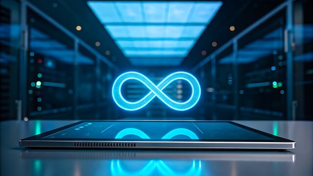Digital infinity symbol glowing above tablet in futuristic server room technology concept
