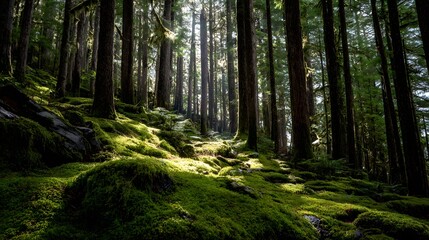 Obraz premium Lush green moss blankets a forest floor illuminated by sunlight filtering through towering trees, creating a scene of tranquility and the magic of nature's vibrant beauty.