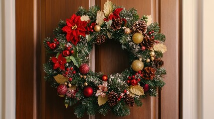 Christmas Wreath with Festive Decorations on a Wooden Door