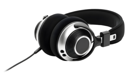Black and silver wired headphones for audio listening isolated PNG with Transparent Background