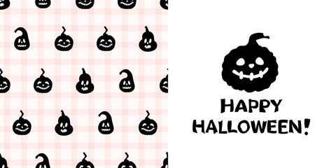 Cute spooky smile pumpkins silhouettes on a gingham chack background. Seamless vector pattern. For Happy Halloween holiday fabric, wrapping paper, textile.