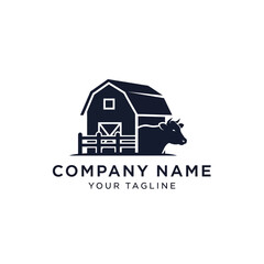 A minimalist logo featuring a barn, fence, and cow silhouette, ideal for a farm or dairy business.