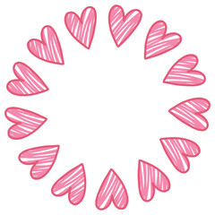 Crayon hearts circular frame on white background. Colorful hand-drawn crayon hearts arranged in a circular frame on white background, perfect for romantic, creative and playful design projects.