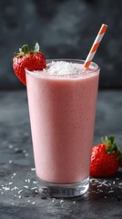 Elegant photo of refreshing strawberry smoothie with coconut flakes and straw on gray surface.