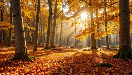 Sunlight Through Golden Autumn Forest with Fallen Leaves on Ground and Tree Trunks during Day in Autumn Landscape