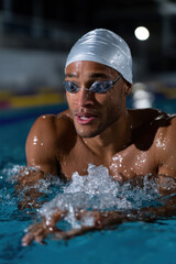 An engaged swimmer in a white cap is seen in the pool, fully concentrated on the waters ahead, bringing forth the essence of athletic determination and focus.