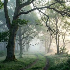 A serene forest glade wrapped in early morning fog, evoking calm