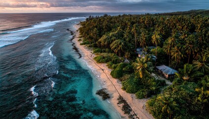 Fototapeta premium Aerial view captures a beach with crashing waves, coastline, and lush green tropical forest