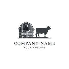 Obraz premium A silhouette logo featuring a barn and a cow, suitable for a farm or agricultural business.