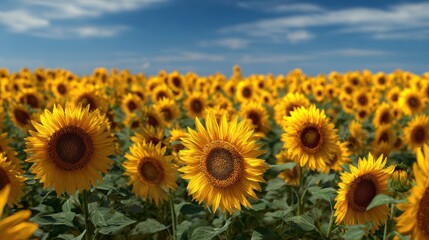 Fototapeta premium Bright sunflowers cover the field under a clear blue sky with a beautiful summer backdrop
