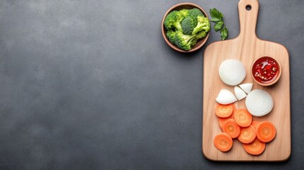 Sliced onions, carrots, and vibrant broccoli are arranged on a wooden board with a bowl of brown sauce nearby, set against a blue and white checkered background