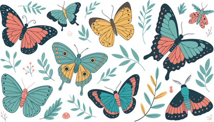 Assorted butterflies and leaves vector illustration