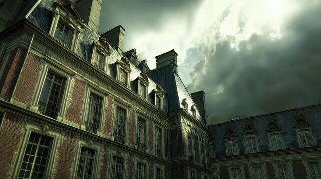 Classic castle architecture under dramatic and cloudy skies