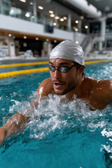 A swimmer, wearing goggles and a swim cap, enters a focused state while gliding through a modern swimming pool, emphasizing discipline and dedication to training.
