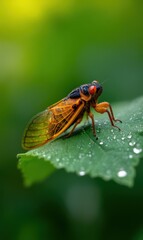 Fototapeta premium A vibrant orange and black insect is perched on a green leaf, showcasing intricate details as it rests in a natural habitat surrounded by vegetation.