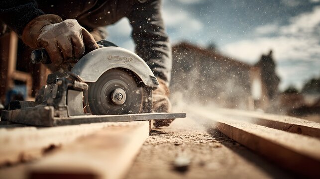 A  shot depicts a craftsman utilizing a circular saw to cut through wooden planks.
