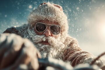 Snowy Santa with aviator glasses driving, close up, blue sky backdrop. Great for holiday cards or fun social media campaigns this winter season.