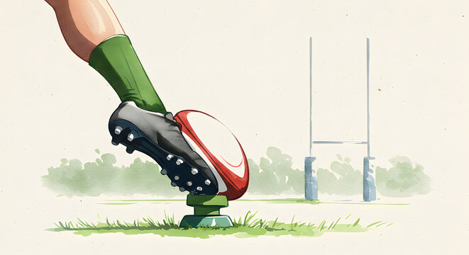 A watercolor illustration of a Rugby Conversion kick, a perfect image for sports blogs and game-day posters.