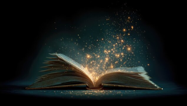 An open book, glowing, with light and floating particles. Mystical, dark background