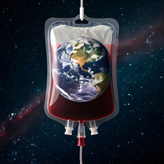 A symbolic Earth shaped like a blood bag, representing humanity dependence