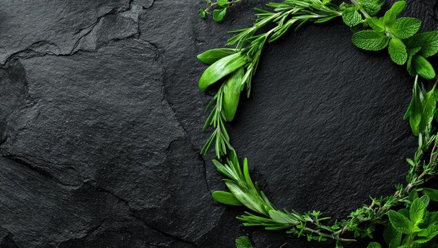 Circle of green herbs on rough dark gray slate, leaves on a natural textured background