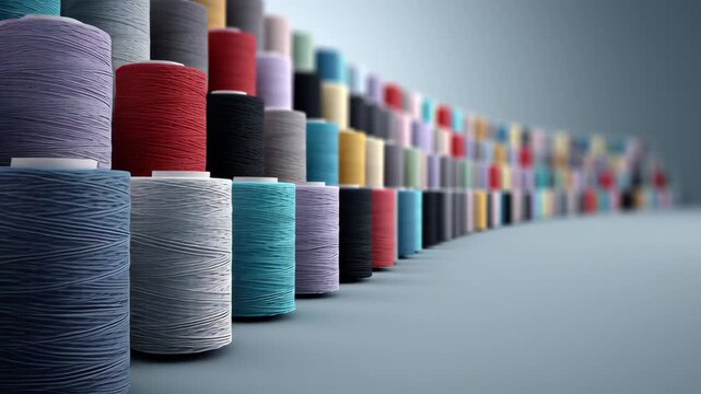 Colorful spools of thread arranged in a dynamic sequence, showcasing a vibrant spectrum of hues, creating a visually engaging flow that highlights the artistry of textile design and craftsmanship