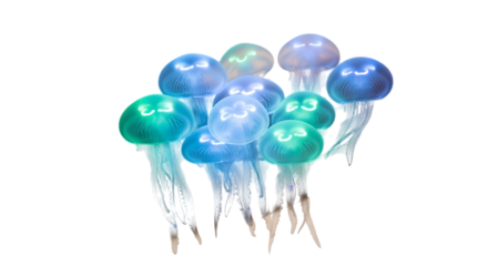 A cluster of glowing jellyfish with smiling faces floating against a black background space