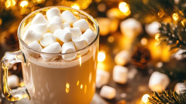 A mug of hot cocoa topped with marshmallows in festive mood