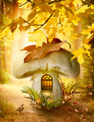 Fantasy fairy forest with magical shining window in giant mushroom, cozy cottage house, golden maple leaves and pine trees, fabulous autumn landscape with enchanted dreamy elf woods and starling bird.