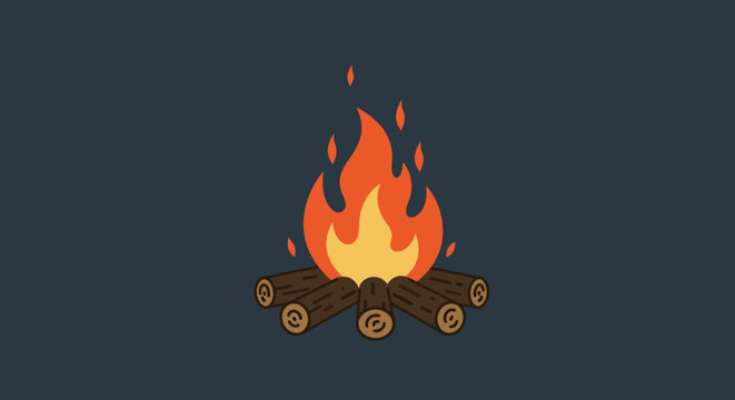 A cartoon campfire features logs and orange flames against a dark blue backdrop
