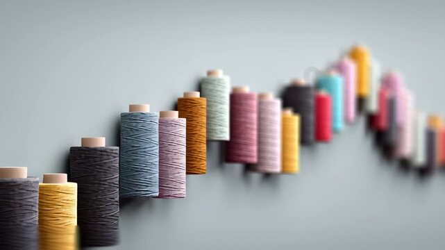 Colorful spools of thread arranged in a dynamic wave pattern on a smooth surface, showcasing a vibrant spectrum of hues, capturing the essence of creativity and craftsmanship in textile design