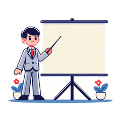 Cartoon of a Business Man in a Suit Presenting on a Blank Whiteboard