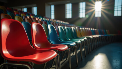 Fototapeta premium Vibrant chairs arranged in modern auditorium, showcasing spectrum of colors under warm sunlight. scene evokes sense of anticipation and creativity