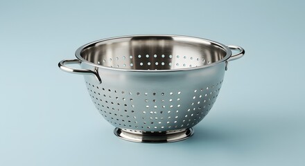 Stainless Steel Colander Kitchen Utensil Isolated on Blue