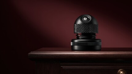 Black pharmaceutical bottle with child resistant cap on a table