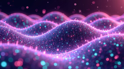 Vibrant waves of glowing particles create mesmerizing digital landscape, showcasing blend of pink and blue hues